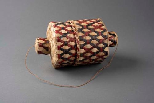 Basketry box and lid with string attached for carrying. Diamond pattern +