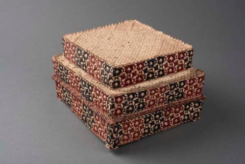 Rectangular basketry box with two compartments, one on top of other. +