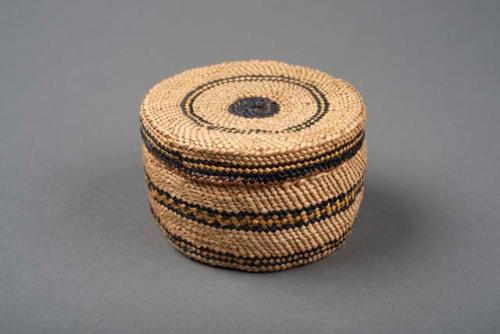 Small basket with cover. twining technique; design of stripes, black and yellow