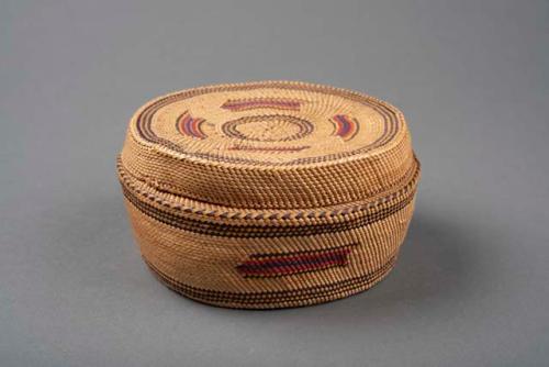 Basket with cover--diameter 4.5"x5"x2.375" high; technique: twined weave; fine p