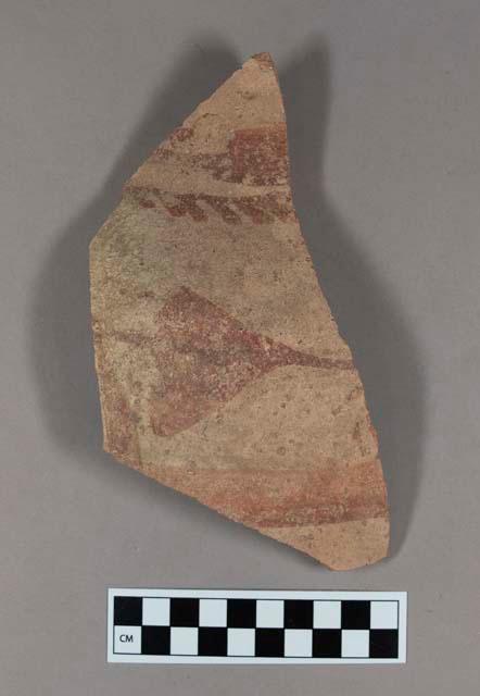 Cearmic, coarse earthenware body sherd with flared collar, exterior hand painted with red slip