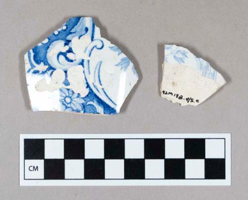 Ceramic, pearlware body sherds with blue transferprint floral decoration