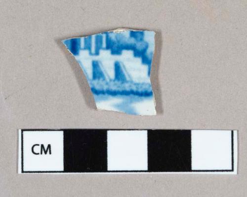 Ceramic, pearlware body sherd with blue transfer print exterior decoration