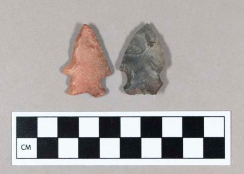 Chipped stone projectile points, side-notched and bifurcate, chert.
