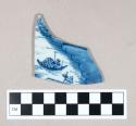 Ceramic, porcelain body sherd with hand painted blue fishing scene on interior