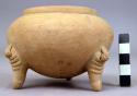 Pottery dish, tripod, plain, legs solid + carved, human form