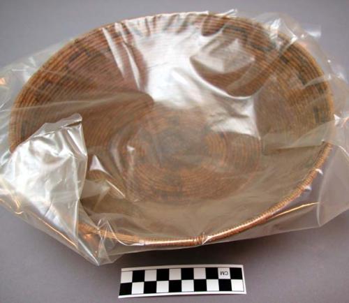 Small tray basket, coiled. Made of bear grass and devil's claw.