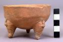 Pottery dish, tripod, legs solid + carved