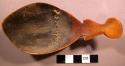 Spoon, carved antler, large stained bowl, worn, mended w/ thread