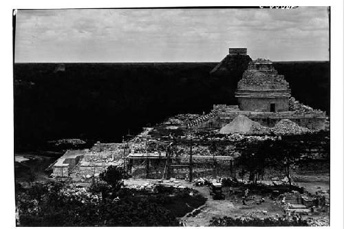 Caracol, view from Monjas before repair of tower and SW corner of lower platform