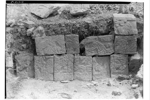 Red House, Ball Court. Detail of sculptured panel on inside base of wall.