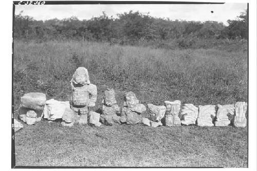 Caracol. Sculptured stones found on low platform, south of lower platform and no