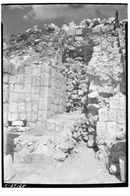 T of Wall panels looking E, close view, showing position of destroyed stairway l