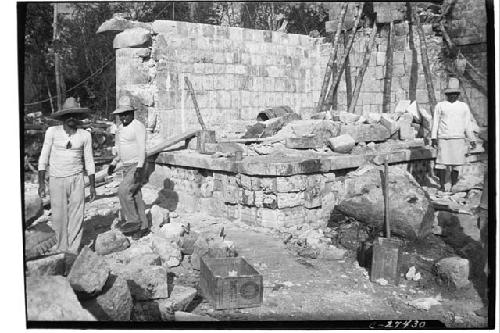 Temple of Three Lintels, North West exterior corner in course of repair.