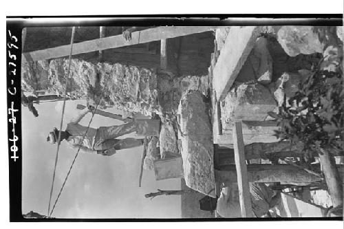 Caracol, during restoration of 5-member cornice. Close-up.