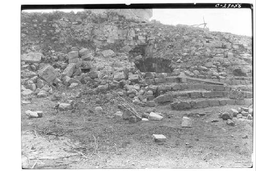 Excavation of stairway of lower platform of Caracol, N. side of stairway.