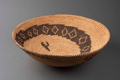 Coiled bowl-shaped basket: rattlesnake motif