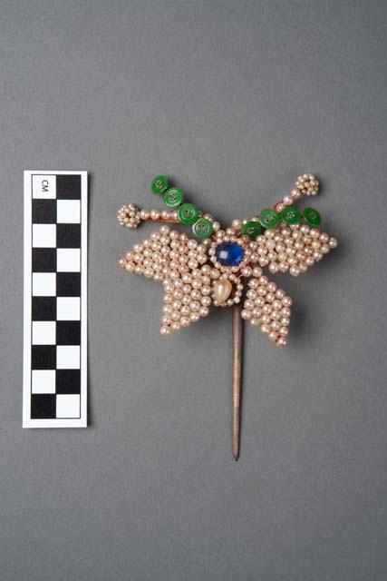 Pair of Hairpin Ornaments with Butterfly Motifs of Glass Beads and Buttons