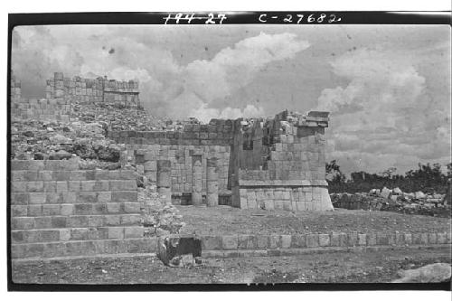 Colonnade, stairway, and serpent head at the Temple of Wall Panels