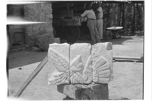 Sculptured stones from fill in Temple of Chac Mool