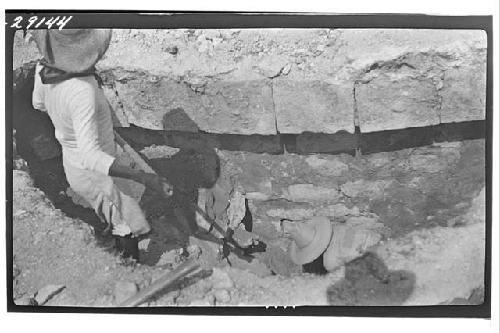 Caracol. Excavation of circular substructure, showing horizontal shaft extending