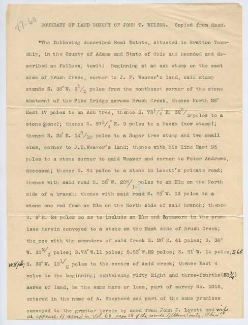 Boundary of land bought by John T. Wilson. Copied from Deed