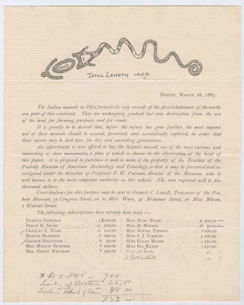 Peabody Museum Director Records- Putnam, Frederic Ward- Box 1, Folder 8-  Ohio Mounds - Serpent Mound, OH (funding drive) 1887