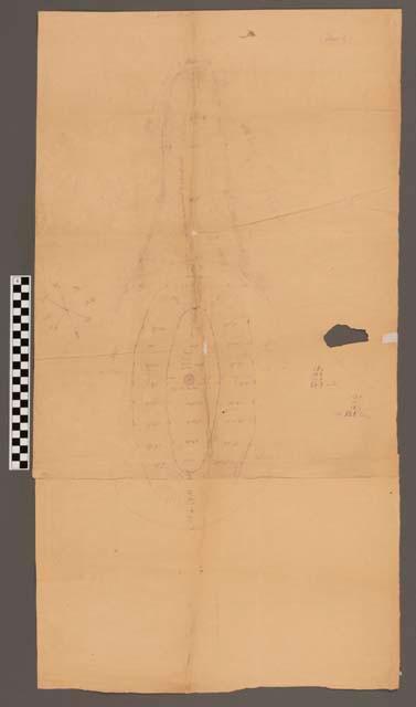 Hand drawn plan of Serpent Mound, including measurements.