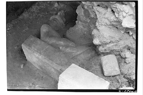 T.of Warriors. Closer view of Chac Mool figure found lying on back at S. end of