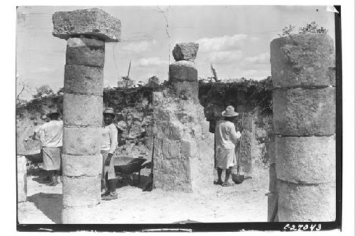 N. Colonnade, during excavation showing square masonry support built in ancient