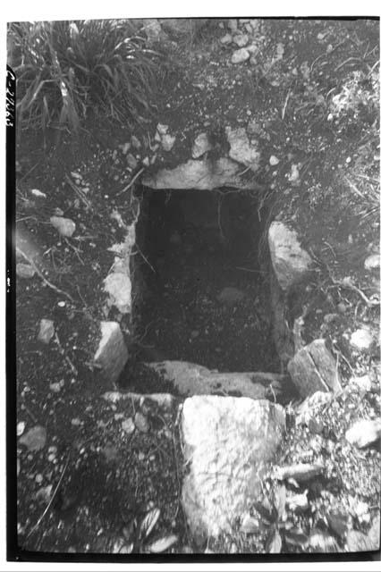 Caracol, close view of drain at SE corner of lower terrace, looking E.