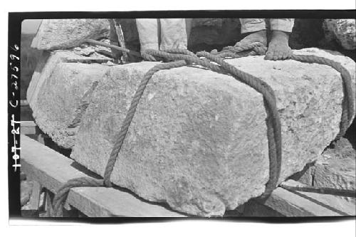 Caracol, during restoration of 5-member cornice. Close-up.