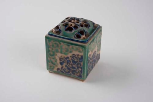 Ceramic incense burner with filigree green and blue lid