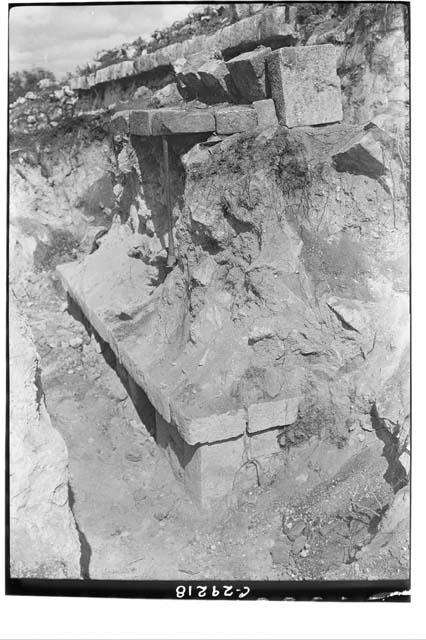 Caracol W. Annex. Fallen stones of stairway which led to roof of W. annex.