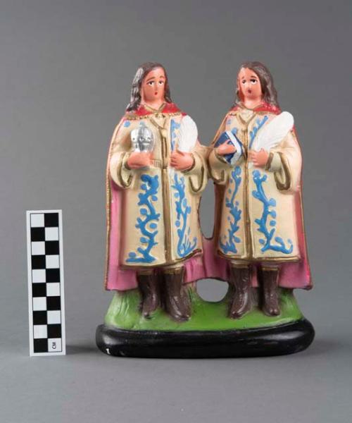 Terracotta sculpture depicting Catholic twins Saint Cosmas and Saint Damian