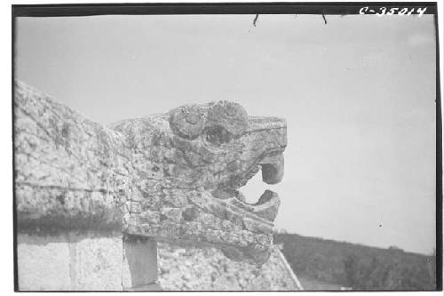 Serpent Balustrades in situ, horizontal balustrade, platform, Temple of Jaguars