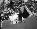 Henry Vincent Hubbard wearing snowshoes, standing in front of a tent