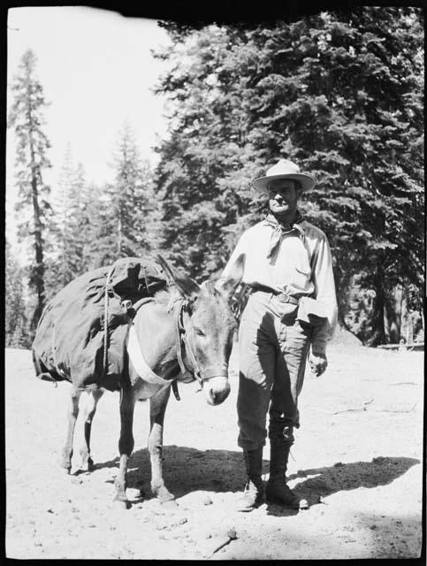 Man standing next to a donkey