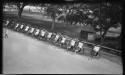 Drivers with rickshaws in a line, with trees behind them