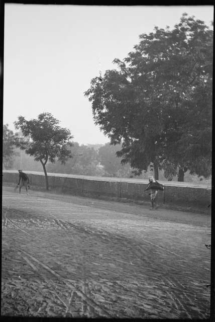 Person carrying a bundle, with another person standing near them, trees in the background