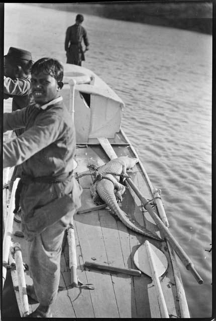 Men standing near a crocodile on a boat