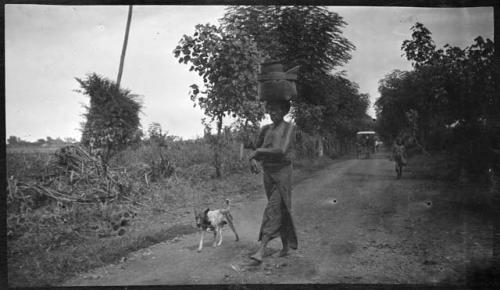 Woman carrying a bundle on her head, walking down a road, with a dog next to her