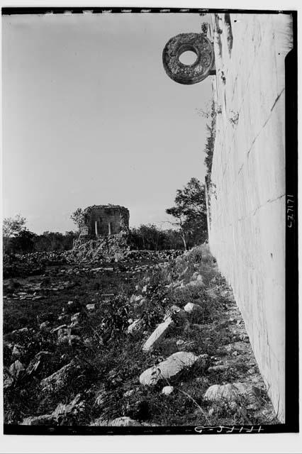 N. Temple of the Ball Court showing ring in situ on eastern wall of Ball Court