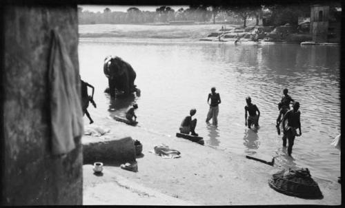 People standing in the water next to an elephant