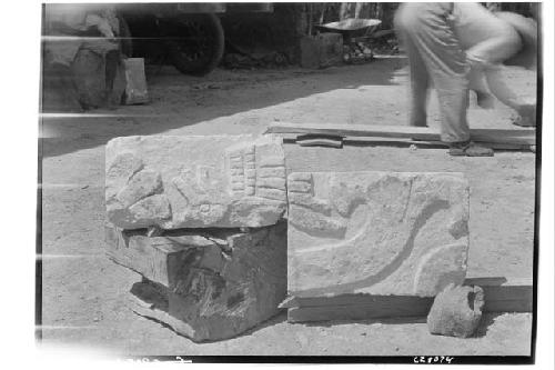 Sculptured stones from fill in Temple of Chac Mool