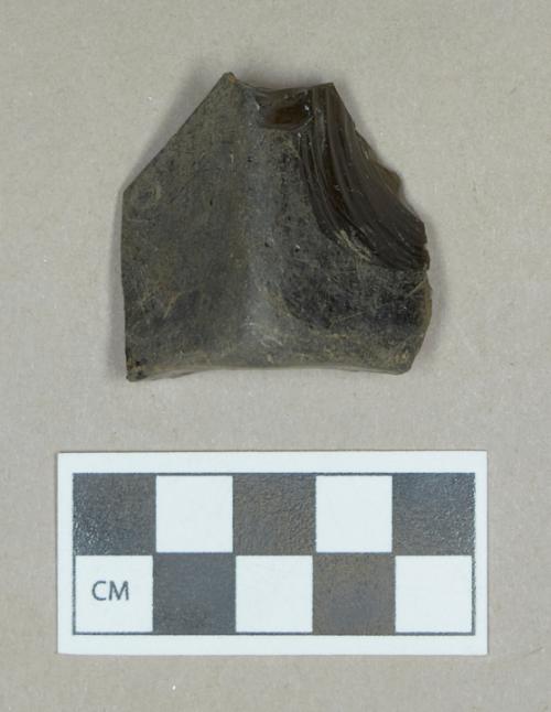 Glass, olive green square bottle base and body fragment