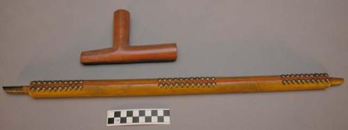 Northern Cheyenne pipe. Carved wood stem w/ 3 sets brass tacks, catlinite bowl