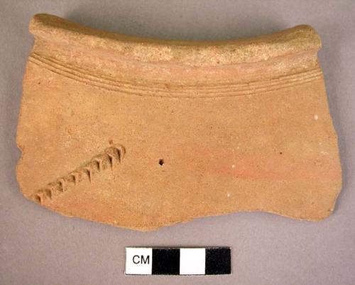 Light brown rim potsherd - 3 lightly stamped or rolled (?) lines below thick lip