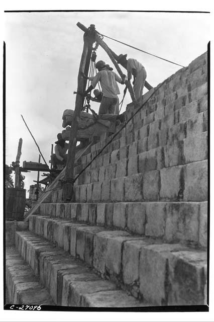 N.W. Colonnade. Showing restoration of serpent head in N. balustrade of stairway