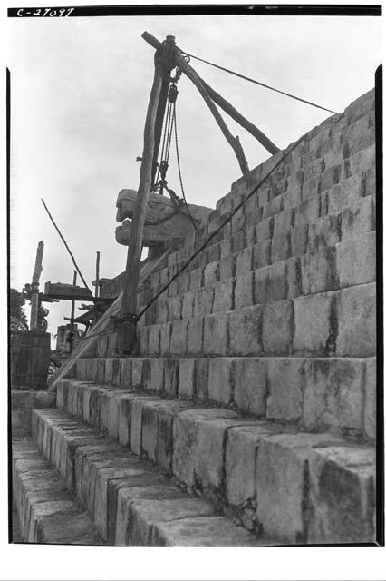 Serpent head in place in north balustrade at the Temple of Warriors